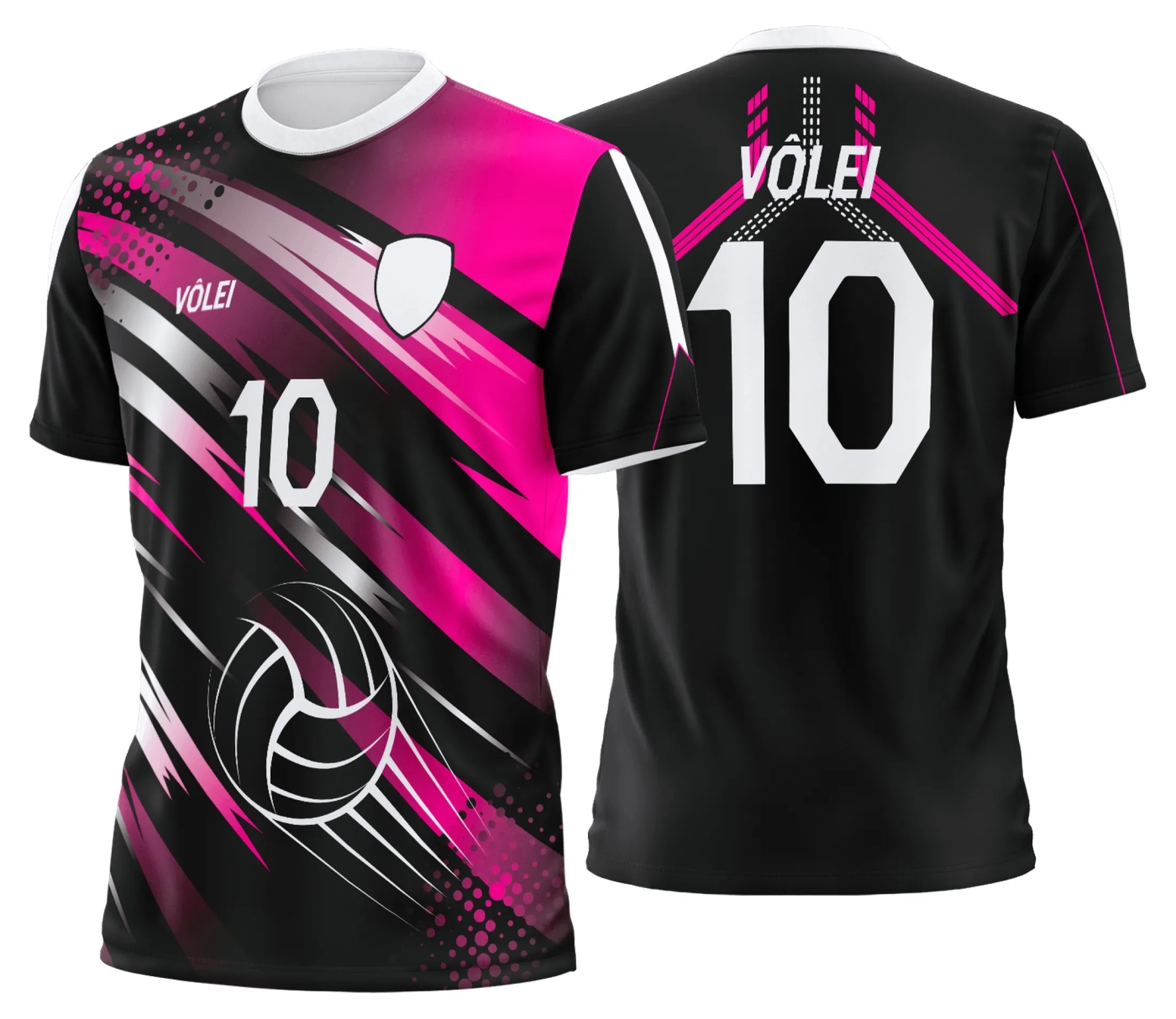 Camisa unissex preta com logo no peito e estampa grande nas costas, com design moderno de uniforme de vôlei personalizado profissional.