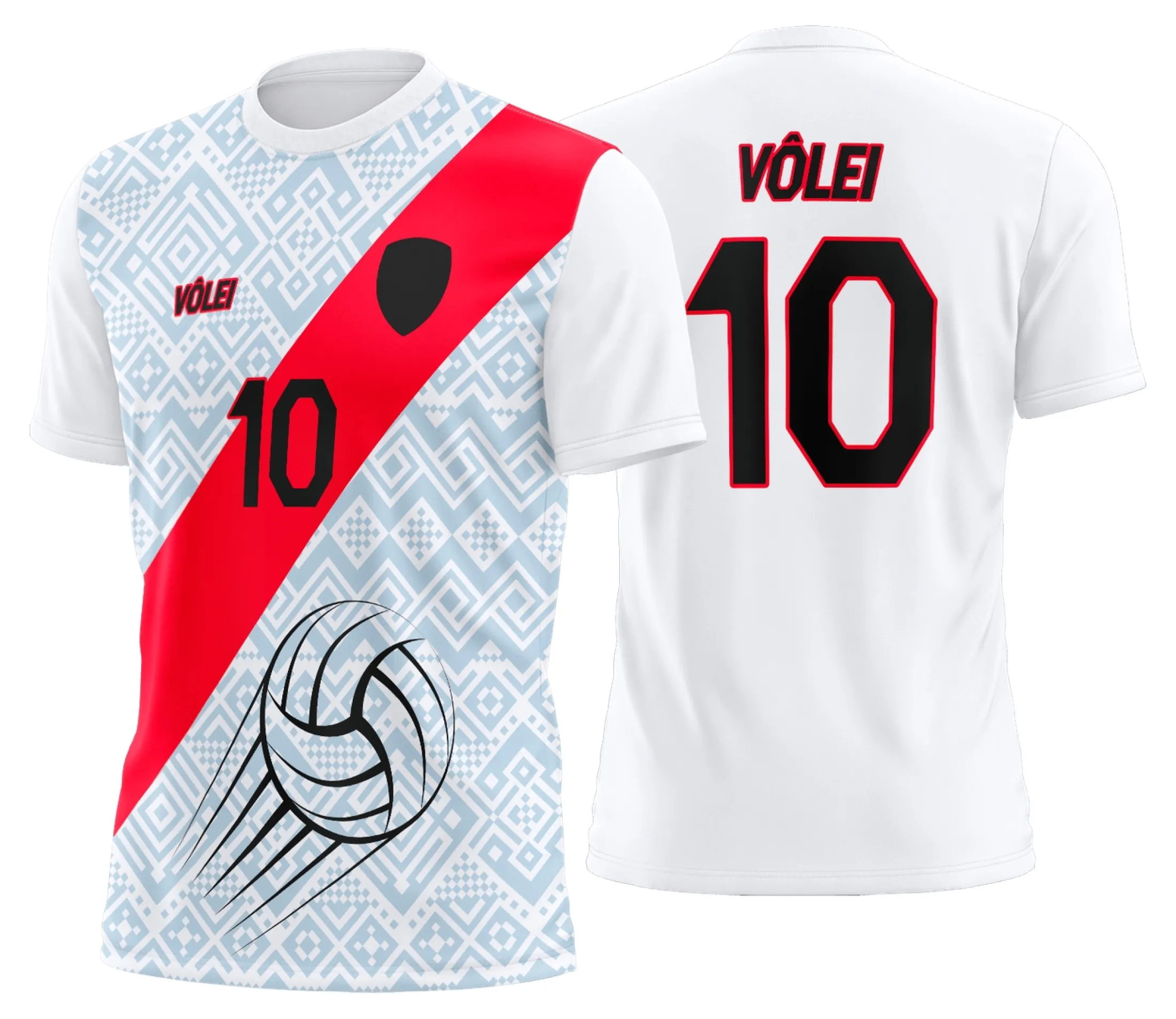 Camiseta unissex preta com logo no peito e estampa grande nas costas de uniforme de vôlei personalizado profissional, destacando design moderno e cores vibrantes.