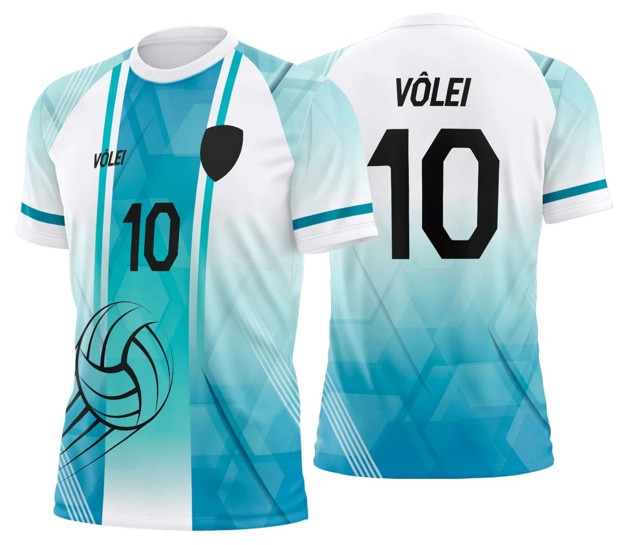 Camisa unissex branca com logo no peito e estampa grande nas costas no tema Uniforme de Vôlei Personalizado Profissional, ideal para times.