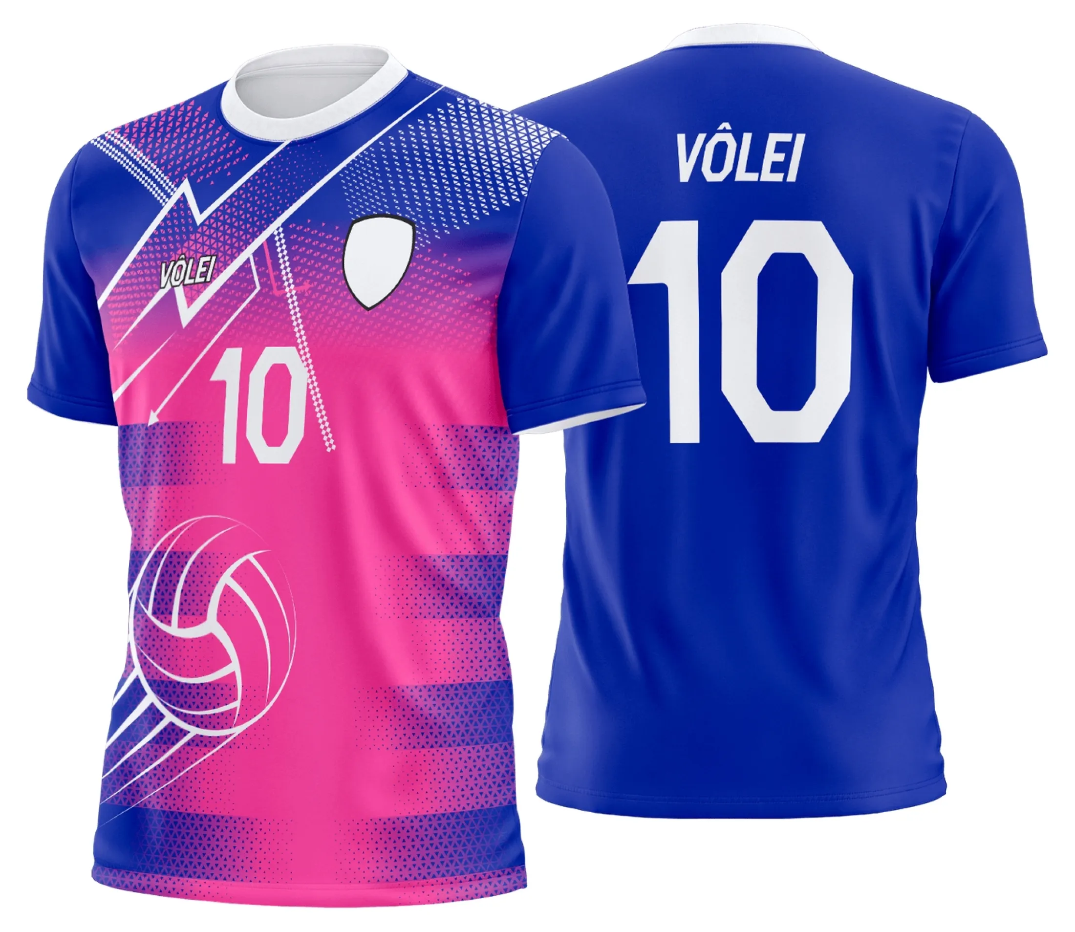 Camiseta unissex branca com logo no peito e estampa grande nas costas de uniforme de vôlei personalizado profissional, ideal para equipe com detalhe moderno e cores vibrantes.