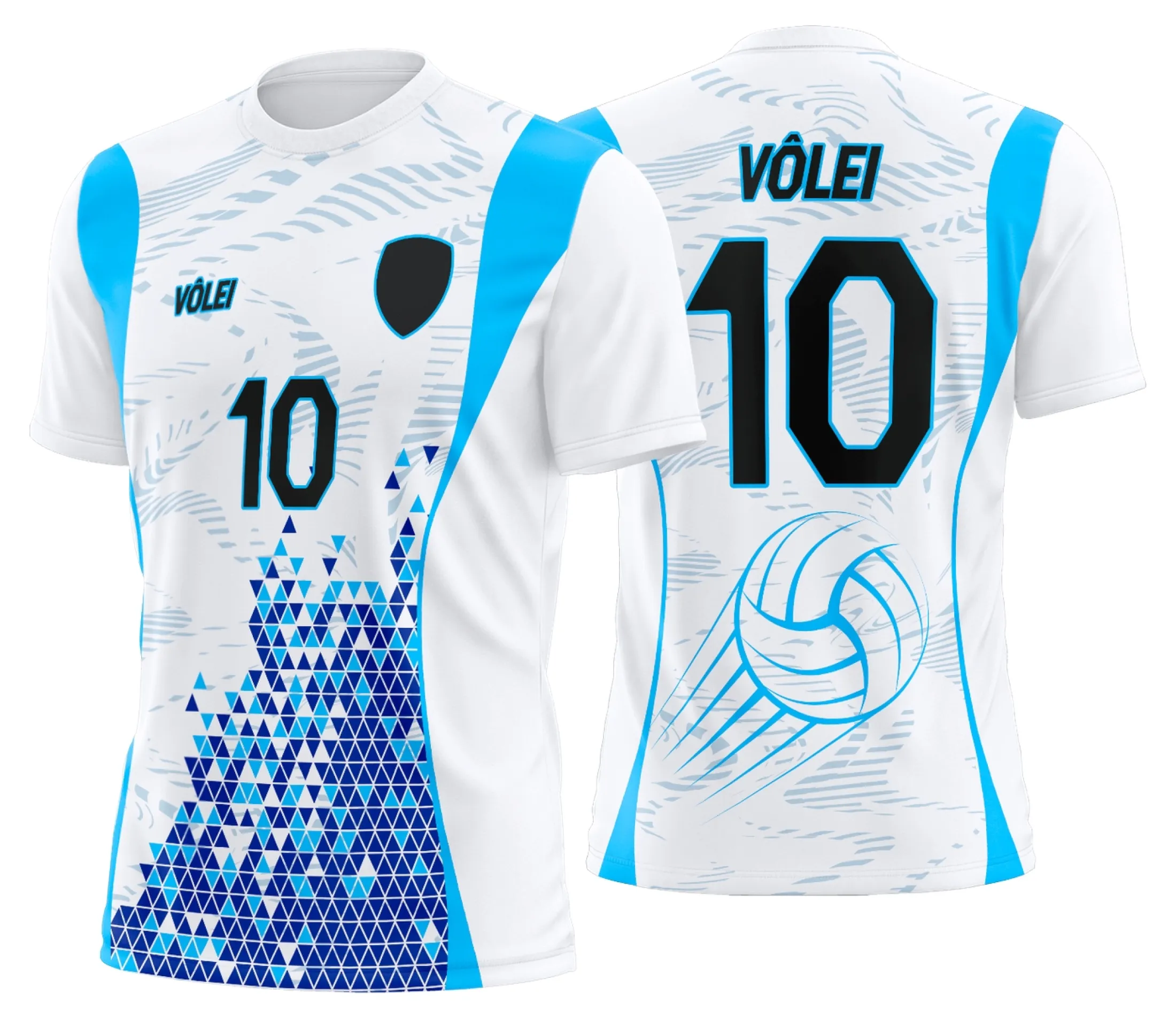 Camiseta unissex preta com logo no peito e estampa grande nas costas de uniforme de vôlei personalizado profissional, perfeita para jogos e treinamentos.